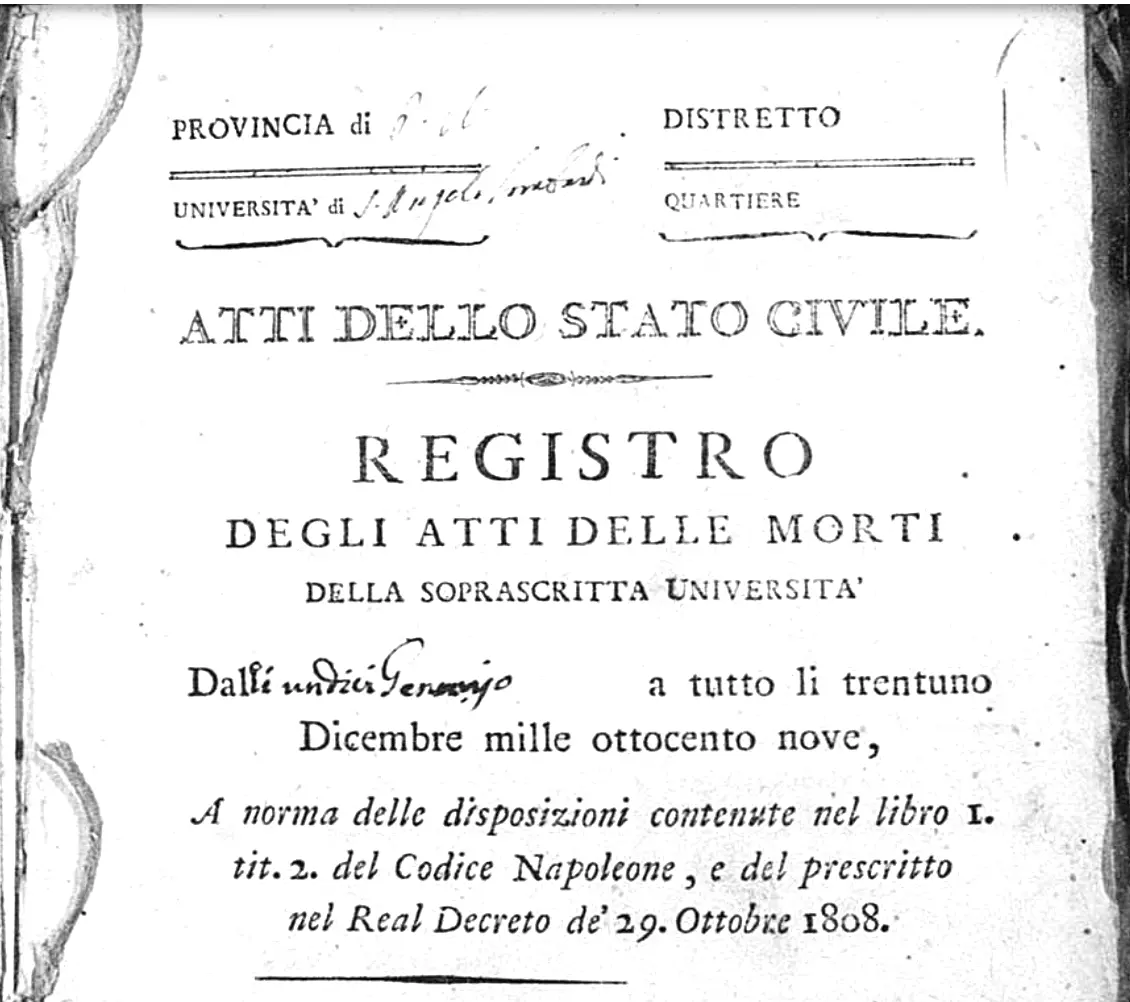 Title page of the Sant’Angelo civil death register