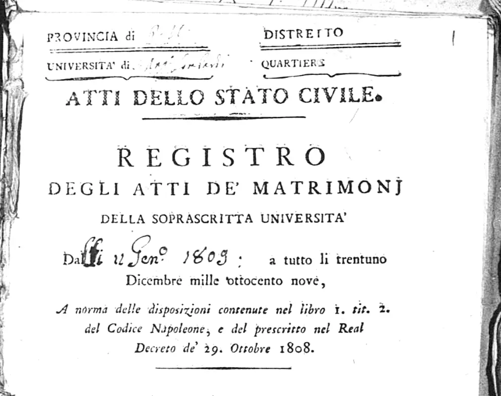 Title page of the Sant’Angelo civil marriage register